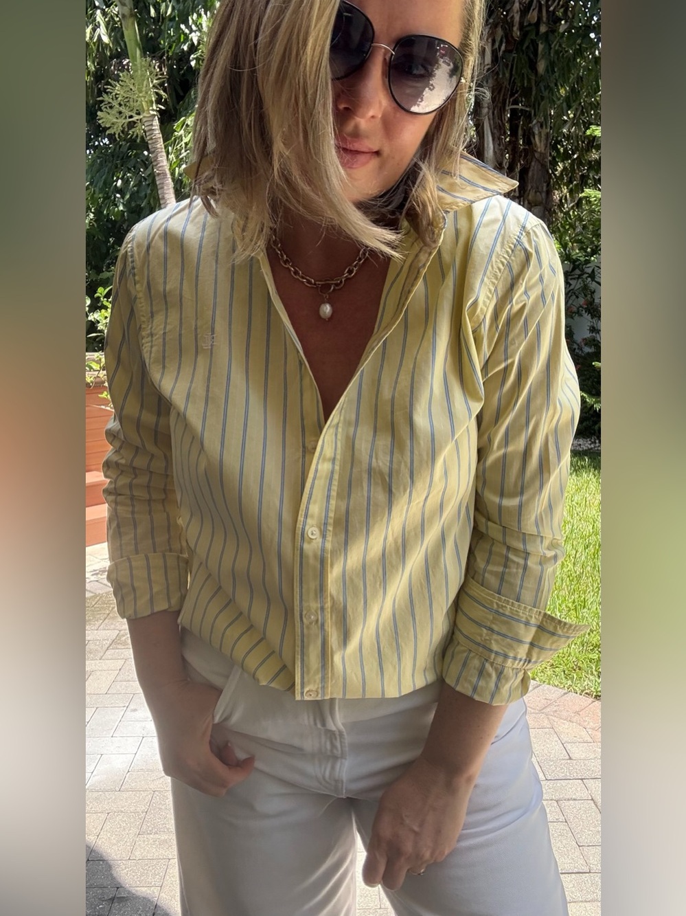 Vintage Lauren Ralph Lauren Yellow Blue Stripe Button-Up Shirt Women’s L